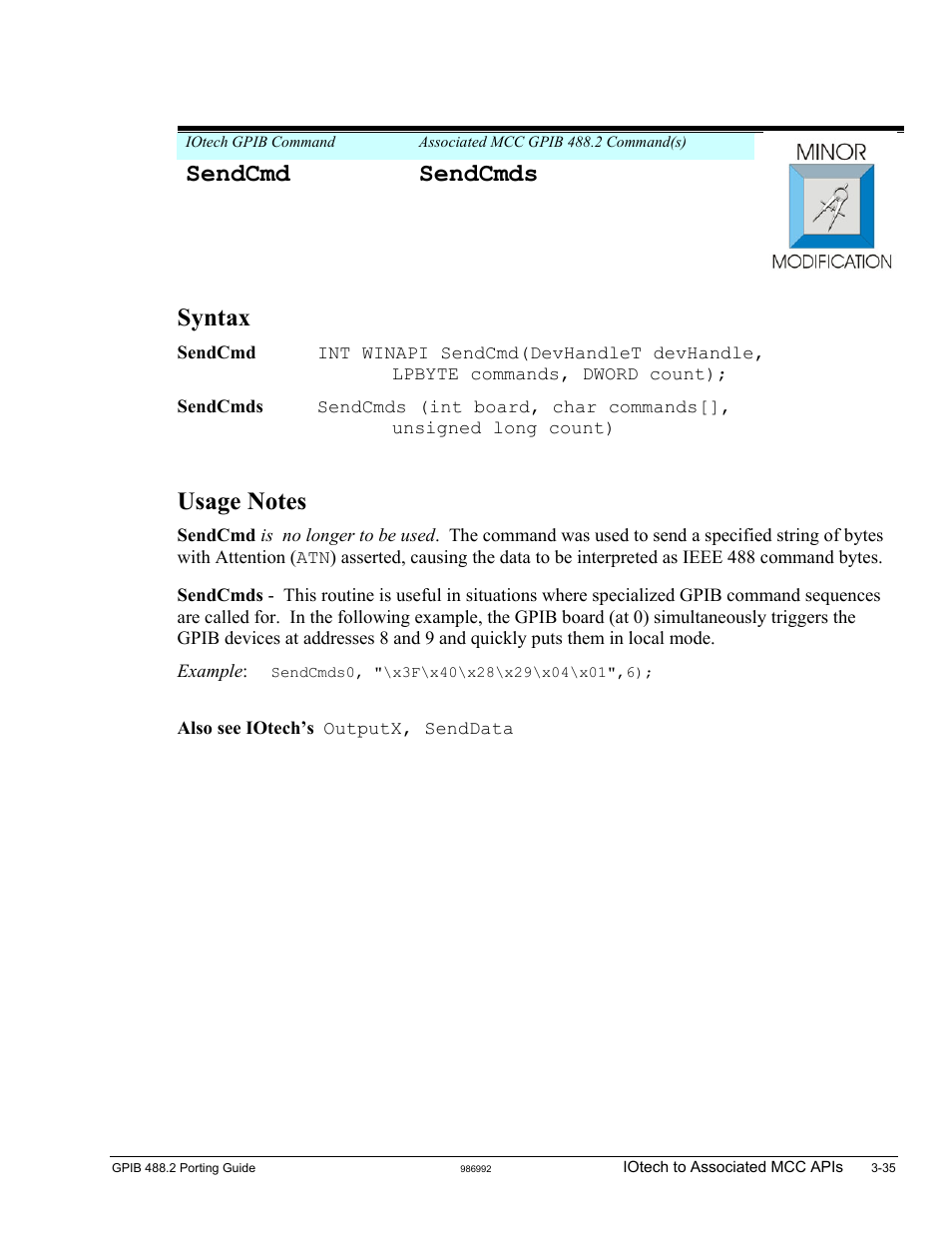 Sendcmd, Sendcmd sendcmds, Syntax | Measurement Computing GPIB-488.2 User Manual | Page 53 / 64