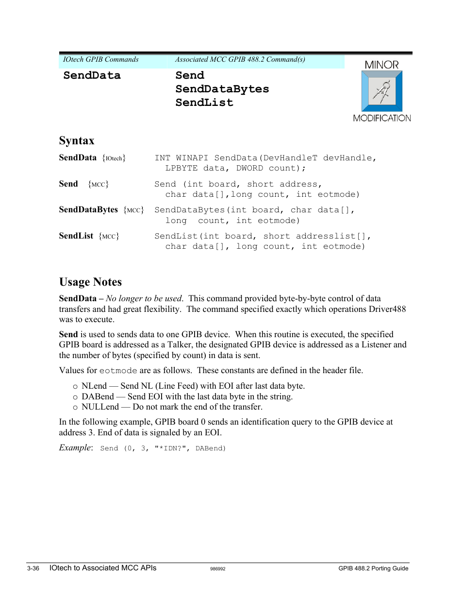 Senddata, Senddata send senddatabytes sendlist syntax | Measurement Computing GPIB-488.2 User Manual | Page 54 / 64