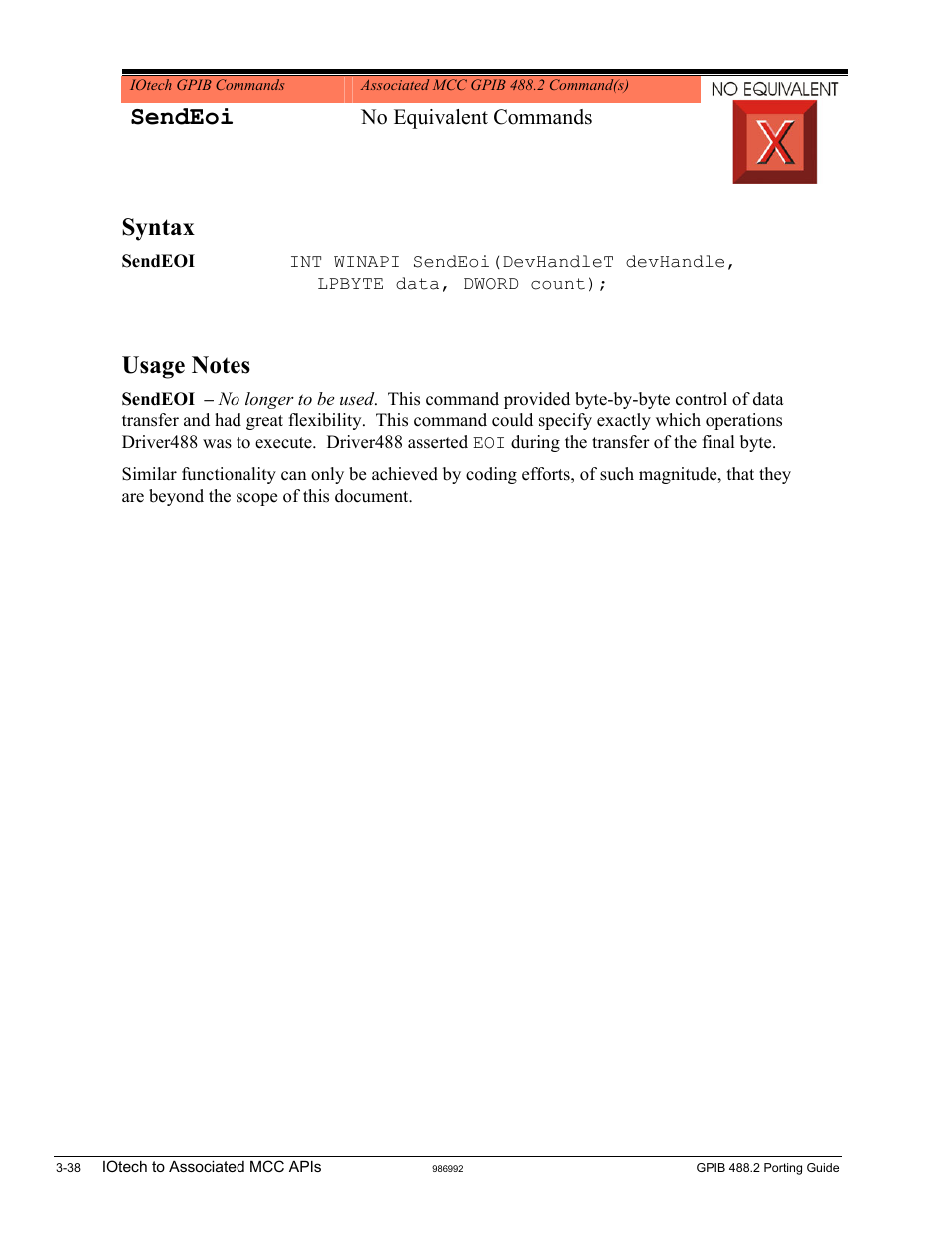 Sendeoi, Syntax, No equivalent commands | Measurement Computing GPIB-488.2 User Manual | Page 56 / 64