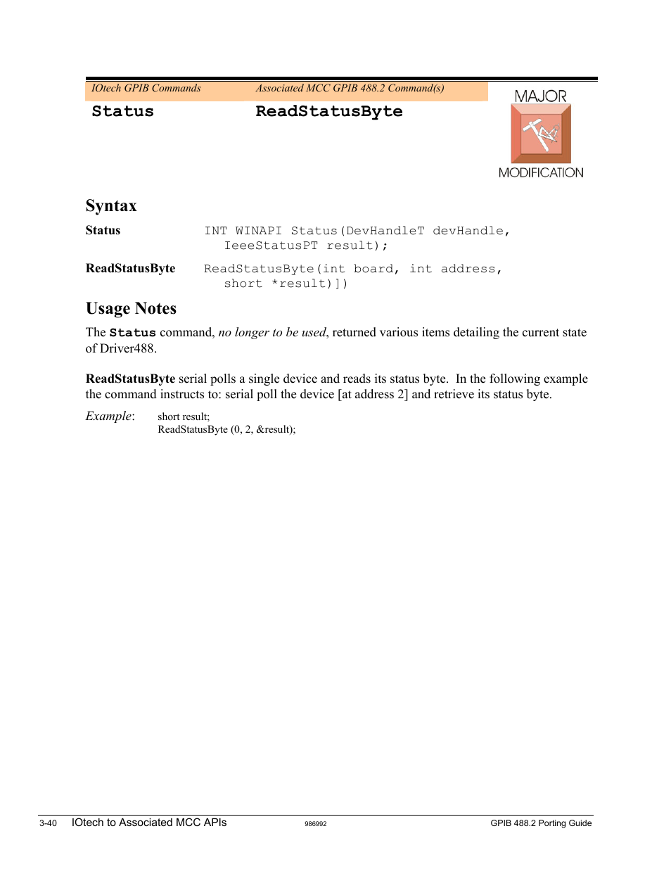 Status, Status readstatusbyte syntax | Measurement Computing GPIB-488.2 User Manual | Page 58 / 64