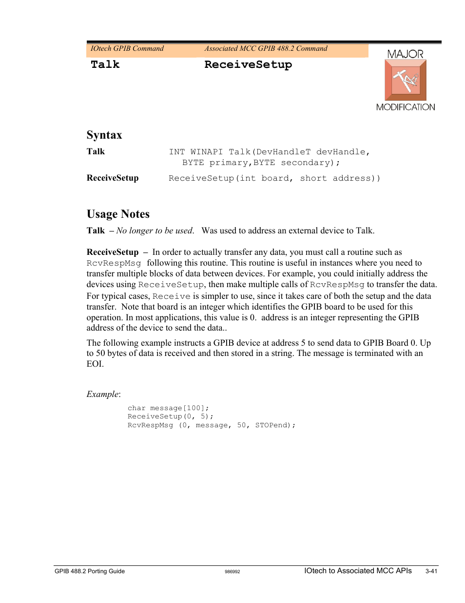 Talk, Talk receivesetup, Syntax | Measurement Computing GPIB-488.2 User Manual | Page 59 / 64