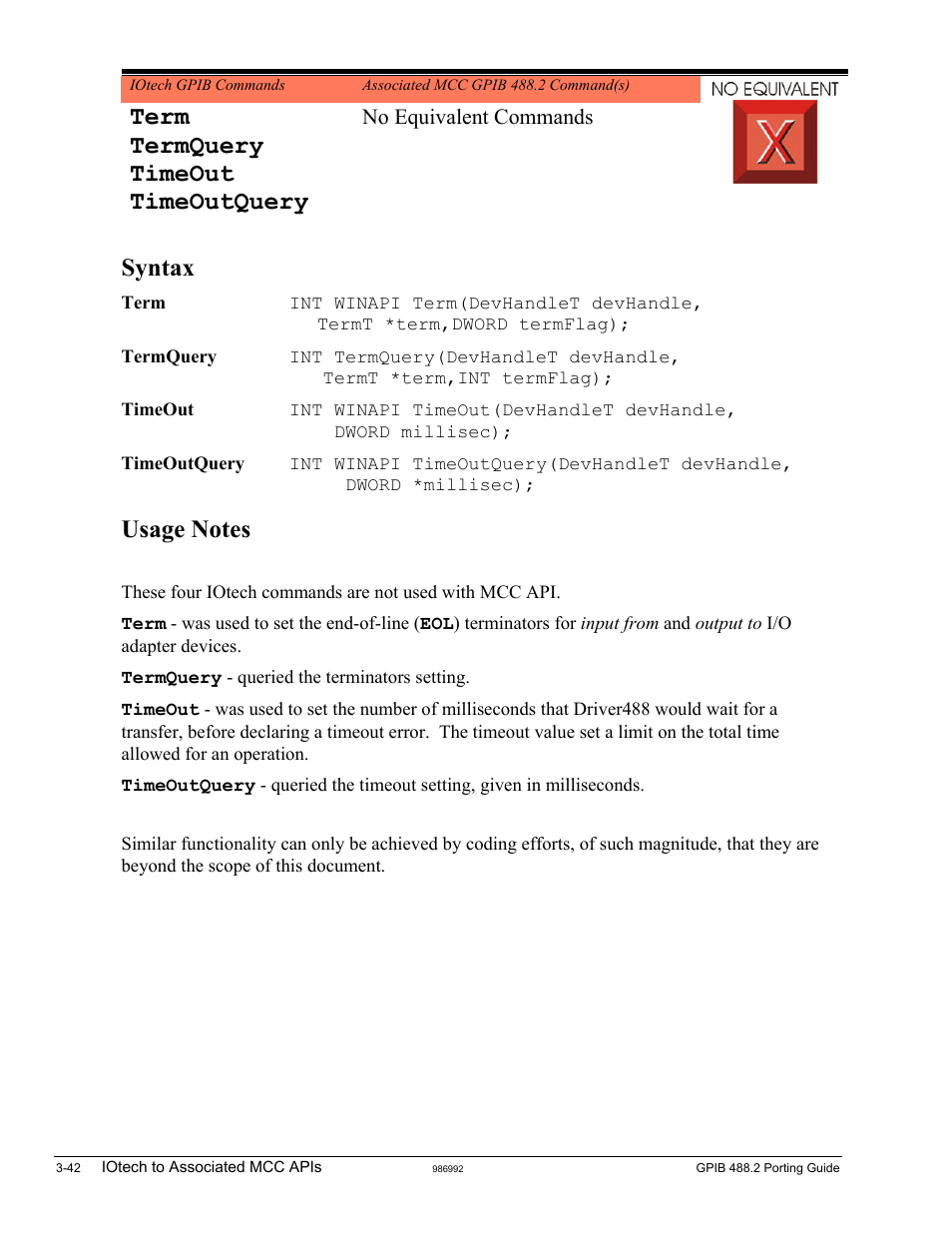 Term, Termquery, Timeout | Timeoutquery, Term termquery timeout timeoutquery, Syntax, No equivalent commands | Measurement Computing GPIB-488.2 User Manual | Page 60 / 64