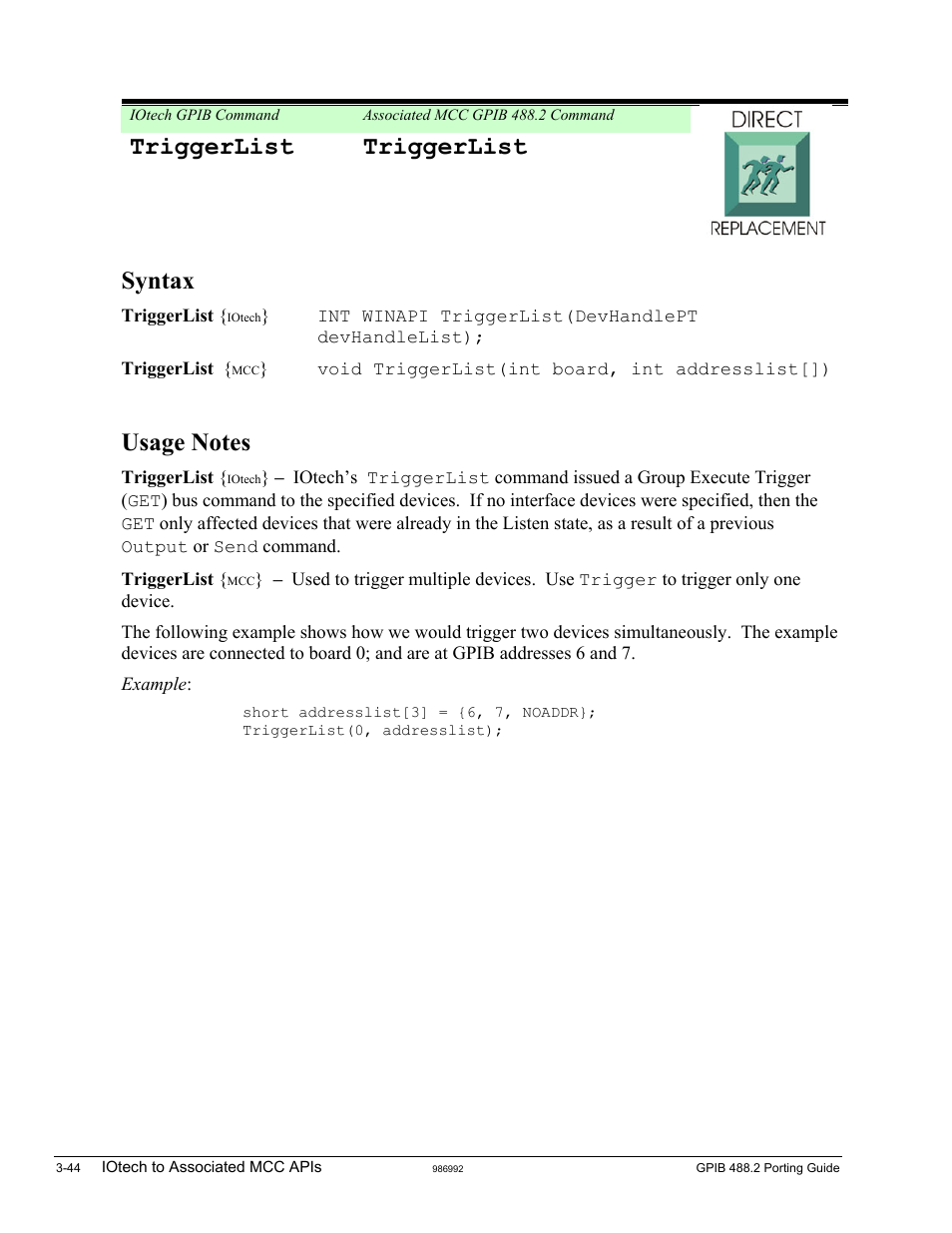 Triggerlist, Triggerlist triggerlist, Syntax | Measurement Computing GPIB-488.2 User Manual | Page 62 / 64