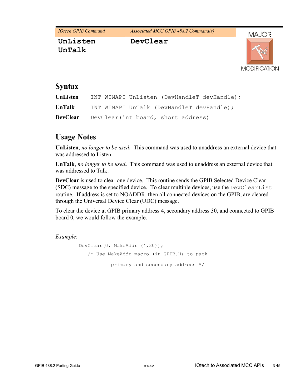 Unlisten, Untalk, Unlisten untalk devclear | Syntax | Measurement Computing GPIB-488.2 User Manual | Page 63 / 64