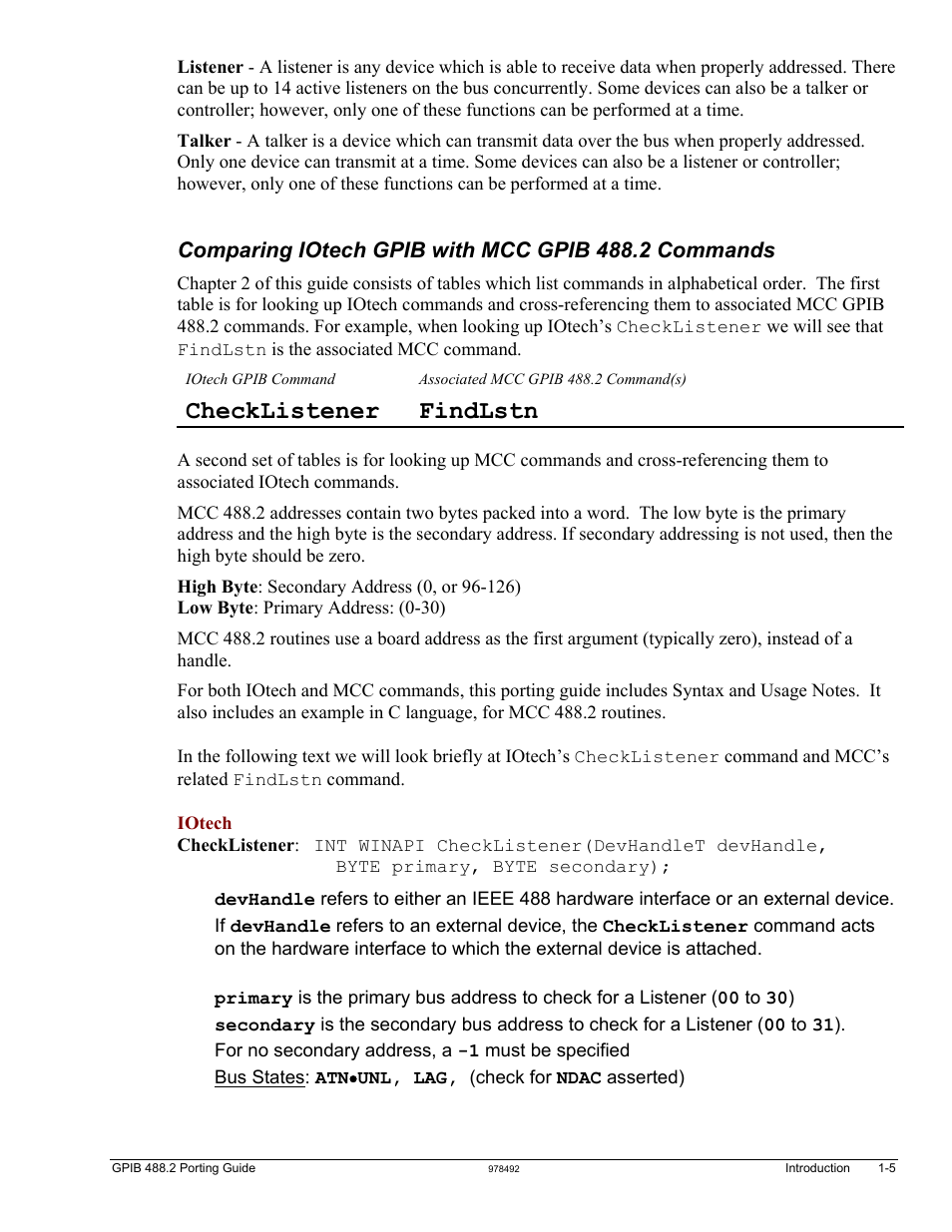 Comparing iotech gpib, Checklistener findlstn, Comparing iotech gpib with mcc gpib 488.2 commands | Measurement Computing GPIB-488.2 User Manual | Page 7 / 64