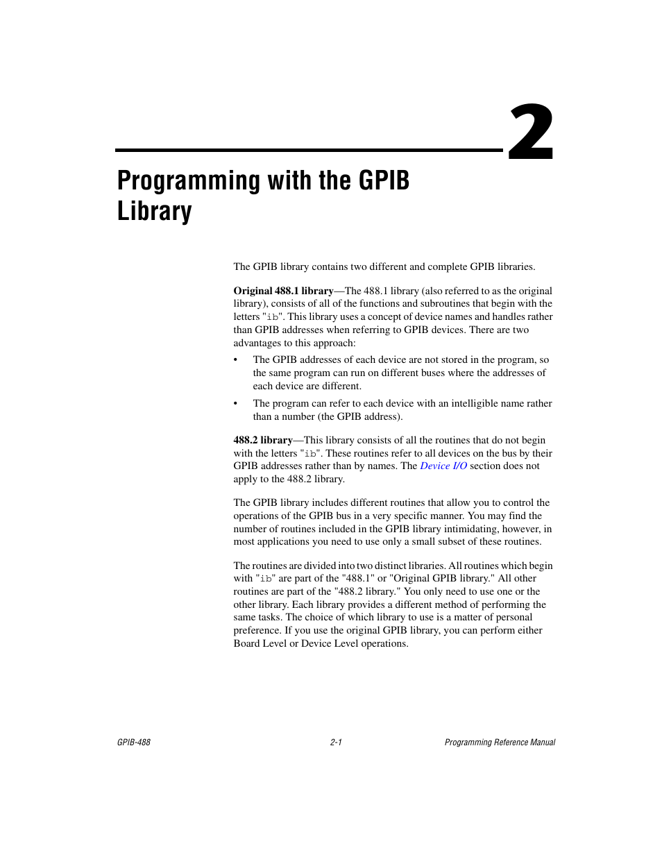 Chapter 2 programming with the gpib library, Programming with the gpib library | Measurement Computing GPIB-488 User Manual | Page 10 / 116