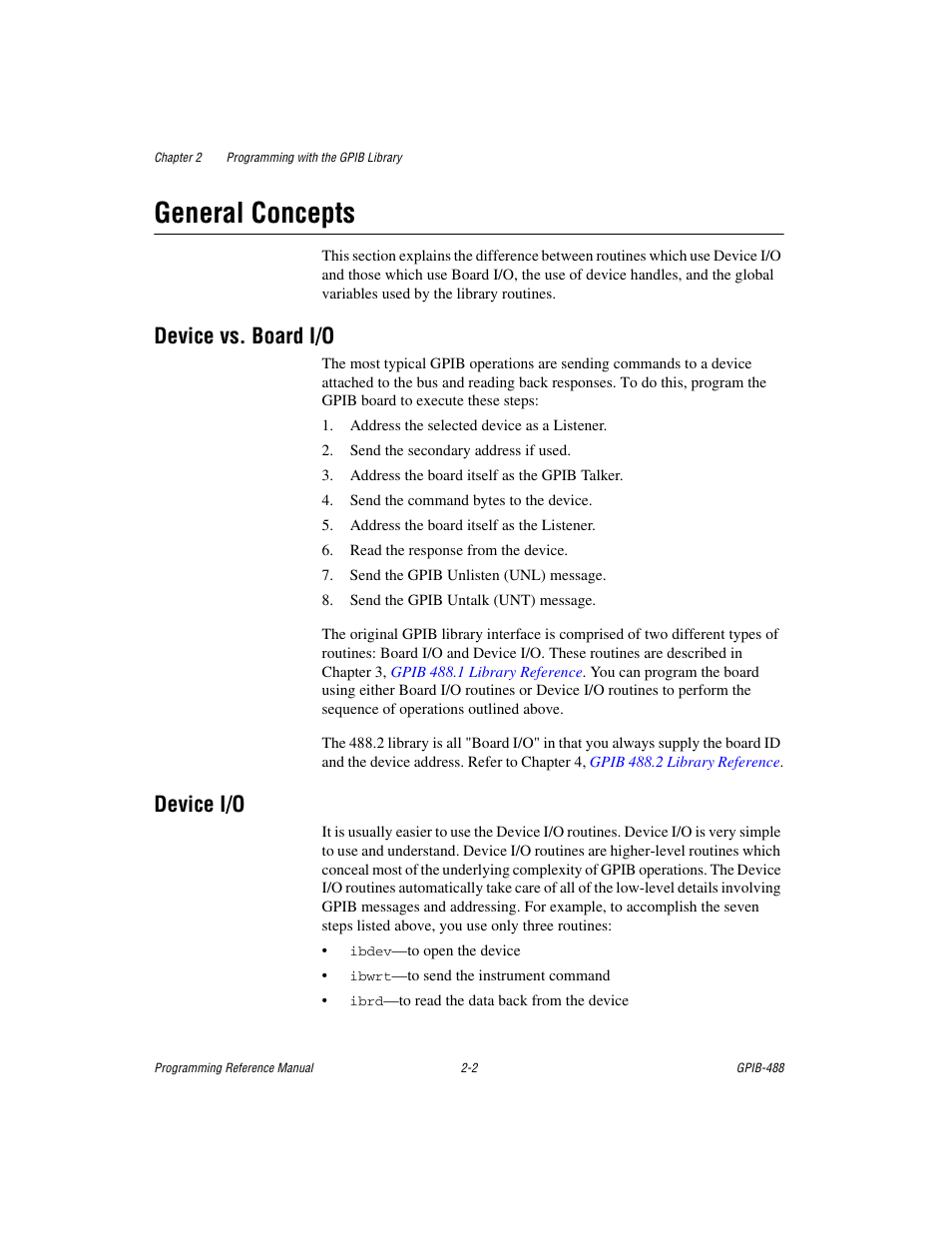 General concepts, Device vs. board i/o, Device i/o | General concepts -2, Device vs. board i/o -2 device i/o -2 | Measurement Computing GPIB-488 User Manual | Page 11 / 116