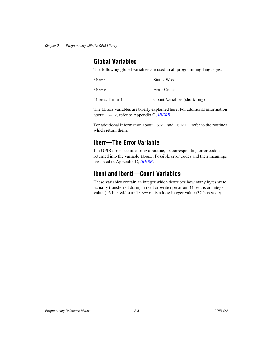 Global variables, Iberr-the error variable, Ibcnt and ibcntl-count variables | Iberr—the error variable, Ibcnt and ibcntl—count variables | Measurement Computing GPIB-488 User Manual | Page 13 / 116