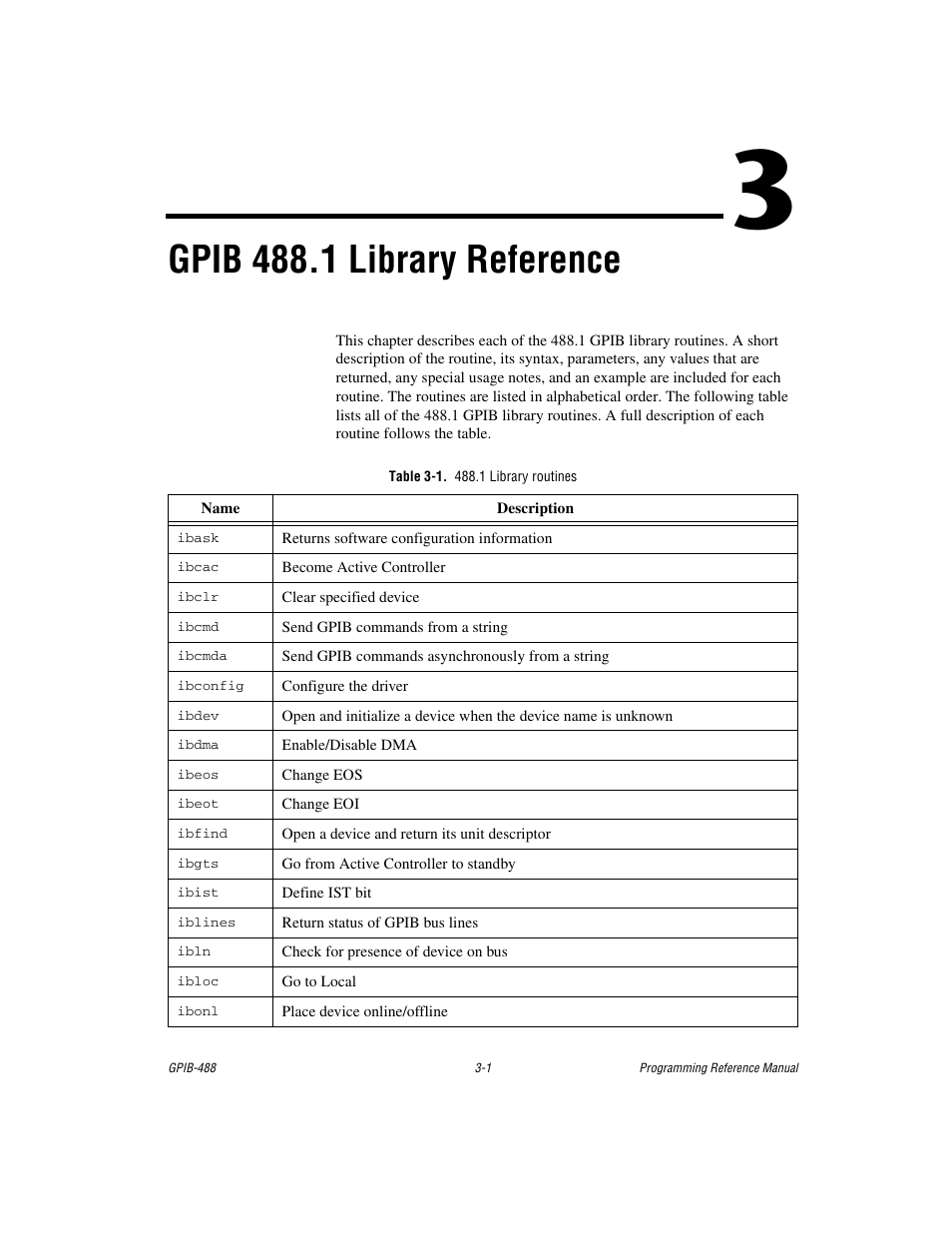 Chapter 3 gpib 488.1 library reference, Table 3-1. 488.1 library routines, Chapter 3 | Gpib 488.1 library reference | Measurement Computing GPIB-488 User Manual | Page 14 / 116