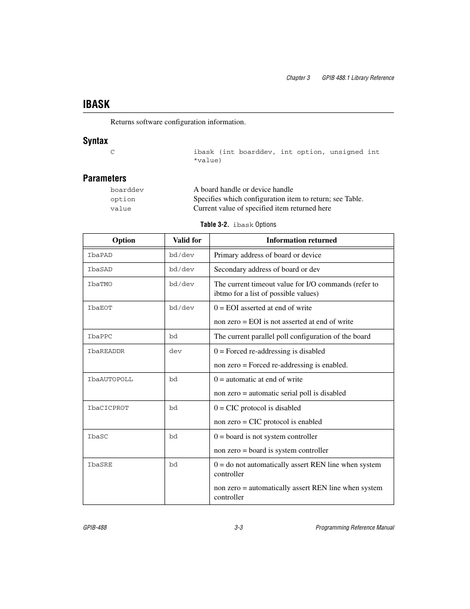 Ibask, Table 3-2. ibask options, Ibask -3 | Syntax, Parameters | Measurement Computing GPIB-488 User Manual | Page 16 / 116
