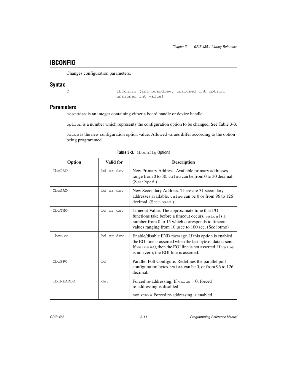 Ibconfig, Table 3-3. ibconfig options, Ibconfig -11 | Syntax, Parameters | Measurement Computing GPIB-488 User Manual | Page 24 / 116