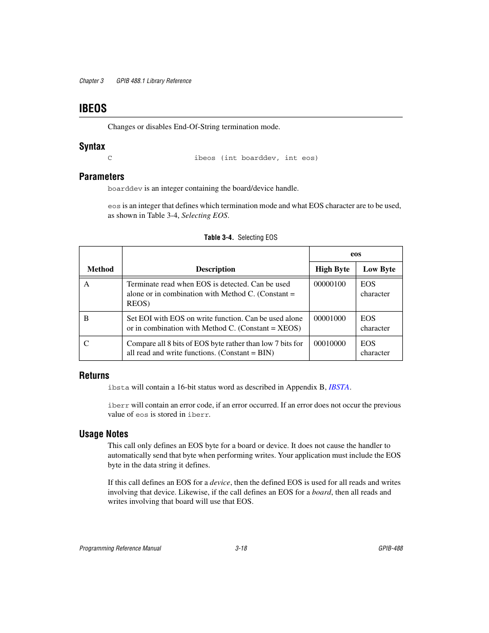 Ibeos, Table 3-4. selecting eos, E 3-4 | Selecting eos | Measurement Computing GPIB-488 User Manual | Page 31 / 116