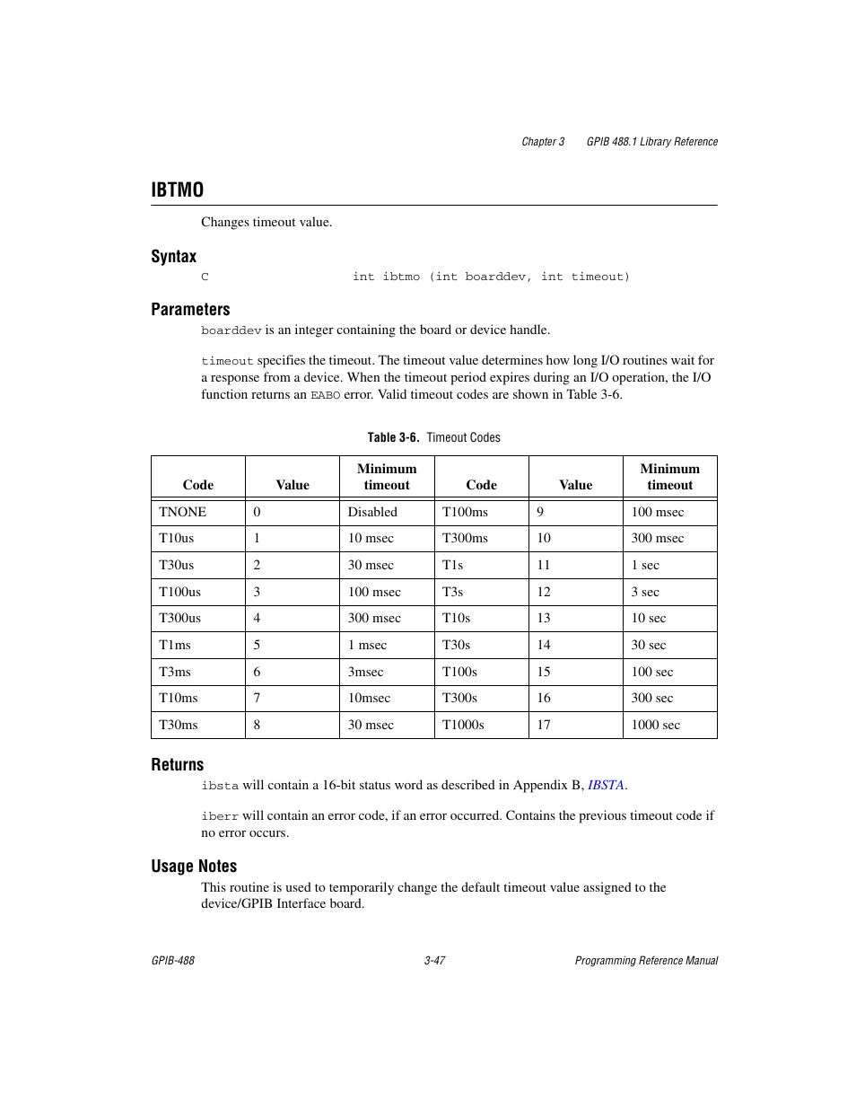 Ibtmo, Table 3-6. timeout codes, Ibtmo -47 | Ble 3-6, Timeout codes, E 3-6, For a | Measurement Computing GPIB-488 User Manual | Page 60 / 116