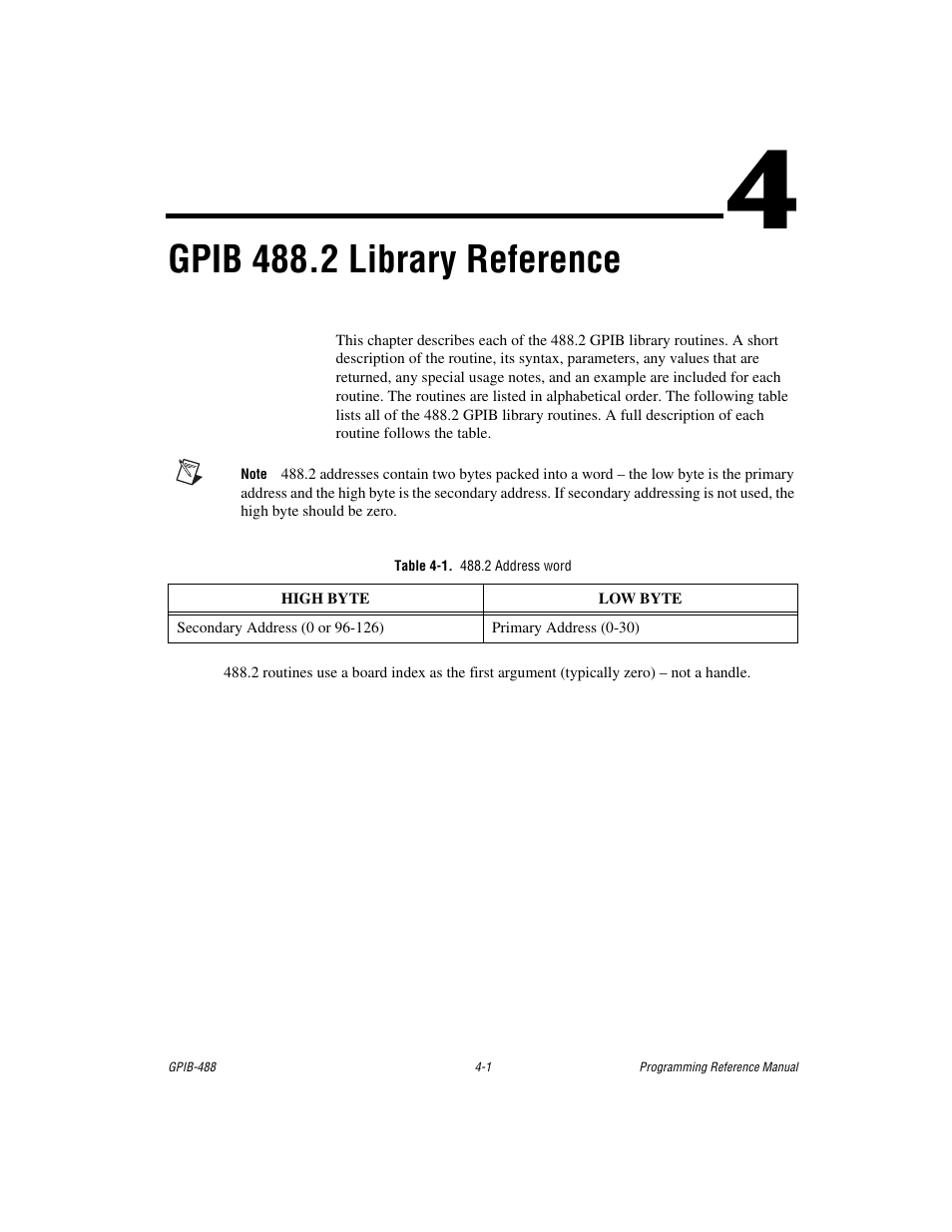 Chapter 4 gpib 488.2 library reference, Table 4-1. 488.2 address word, Gpib 488.2 library reference | Measurement Computing GPIB-488 User Manual | Page 69 / 116