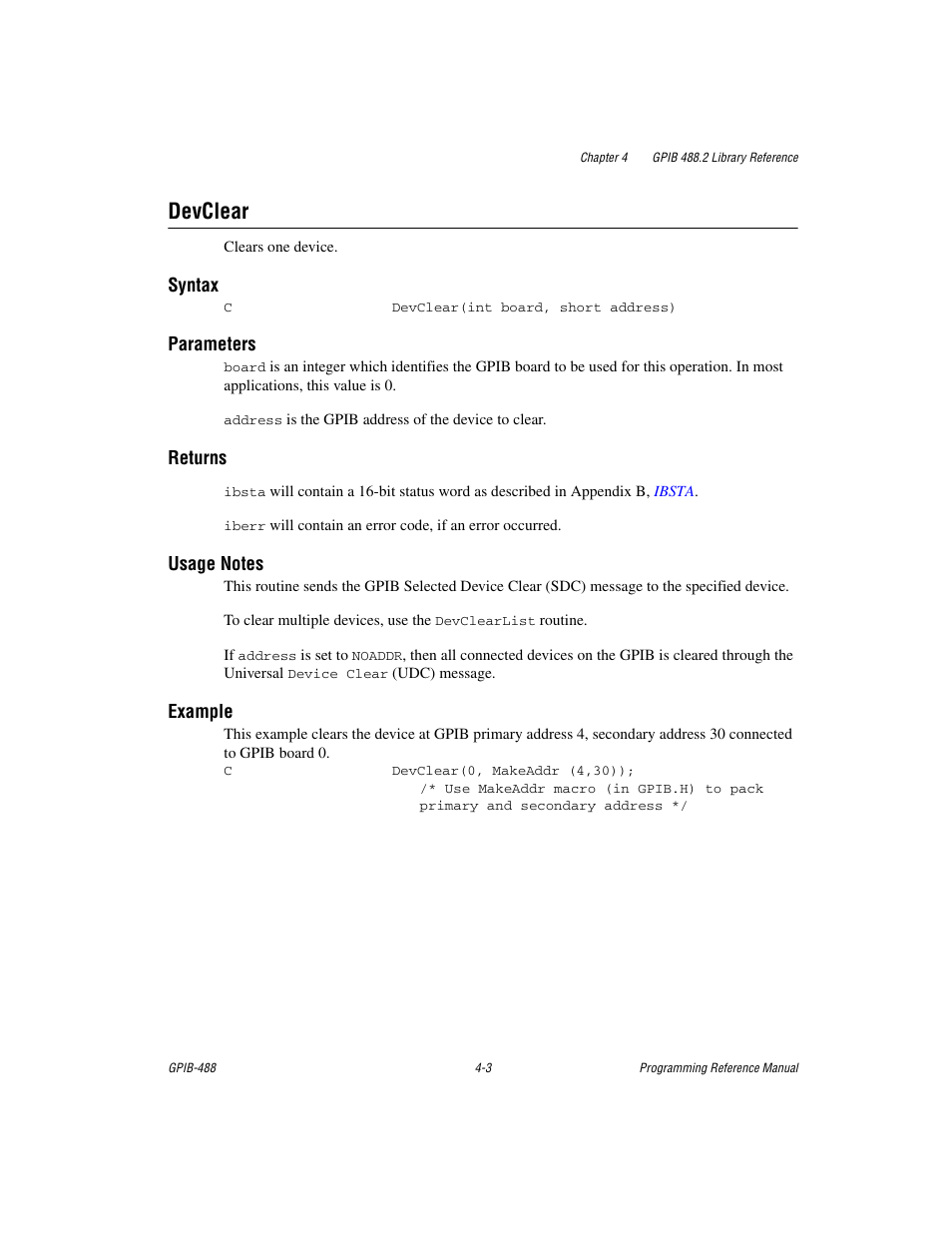 Devclear, Devclear -3 | Measurement Computing GPIB-488 User Manual | Page 71 / 116