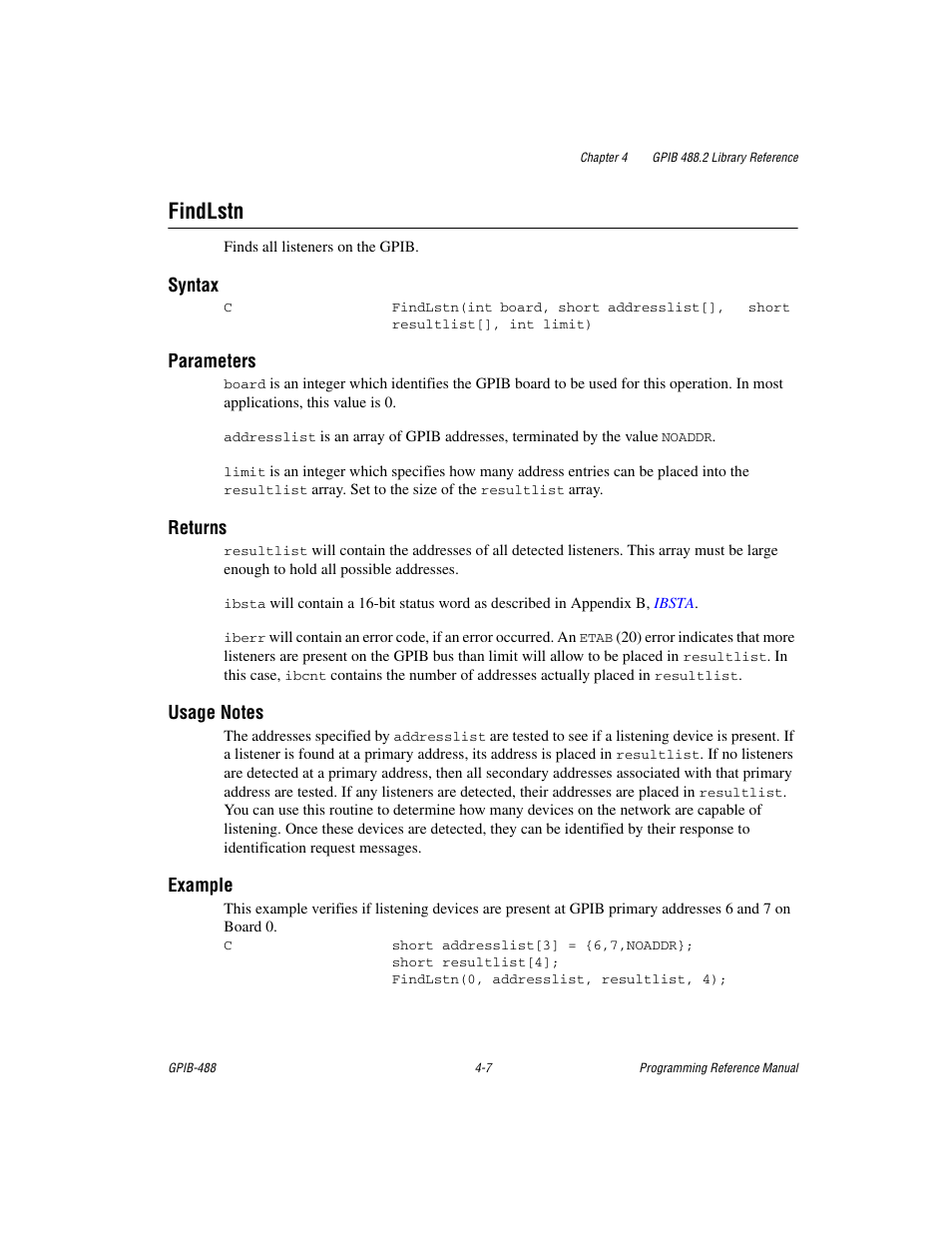 Findlstn, Findlstn -7 | Measurement Computing GPIB-488 User Manual | Page 75 / 116