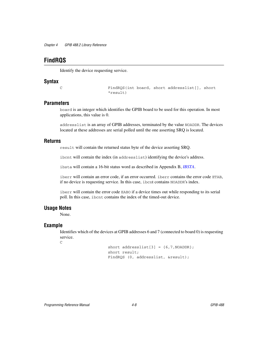 Findrqs, Findrqs -8 | Measurement Computing GPIB-488 User Manual | Page 76 / 116