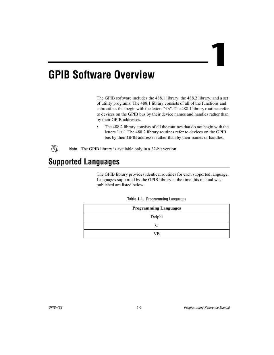Chapter 1 gpib software overview, Supported languages, Table 1-1. programming languages | Supported languages -1, Gpib software overview | Measurement Computing GPIB-488 User Manual | Page 8 / 116