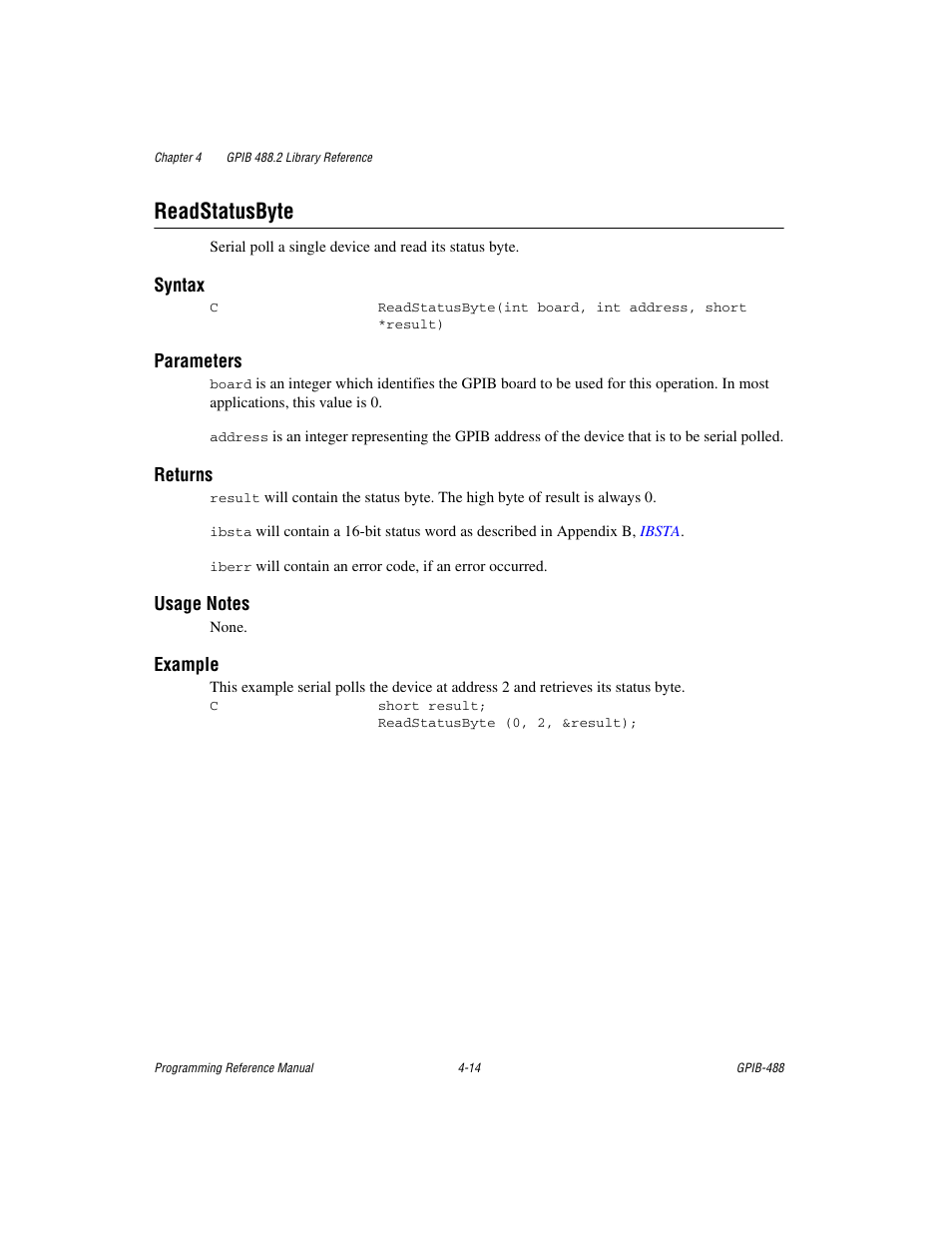 Readstatusbyte, Readstatusbyte -14 | Measurement Computing GPIB-488 User Manual | Page 82 / 116