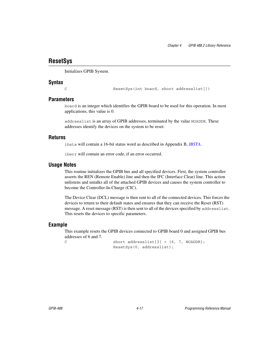 Resetsys, Resetsys -17 | Measurement Computing GPIB-488 User Manual | Page 85 / 116
