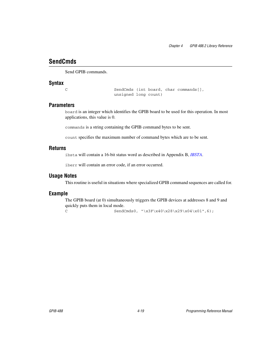 Sendcmds, Sendcmds -19 | Measurement Computing GPIB-488 User Manual | Page 87 / 116