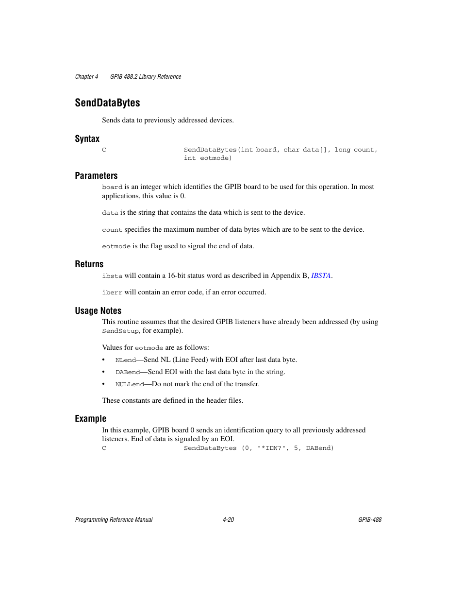 Senddatabytes, Senddatabytes -20 | Measurement Computing GPIB-488 User Manual | Page 88 / 116