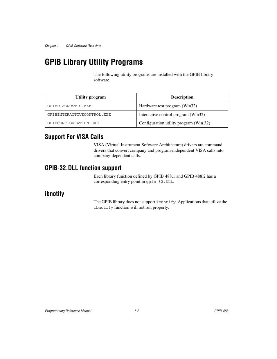 Gpib library utility programs, Support for visa calls, Gpib-32.dll function support | Ibnotify, Gpib library utility programs -2 | Measurement Computing GPIB-488 User Manual | Page 9 / 116