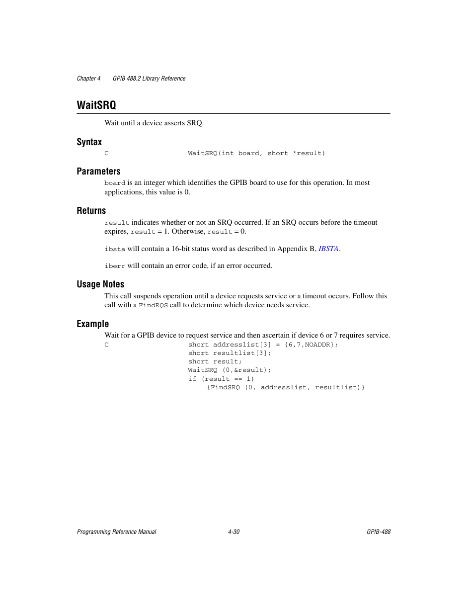 Waitsrq, Waitsrq -30 | Measurement Computing GPIB-488 User Manual | Page 98 / 116