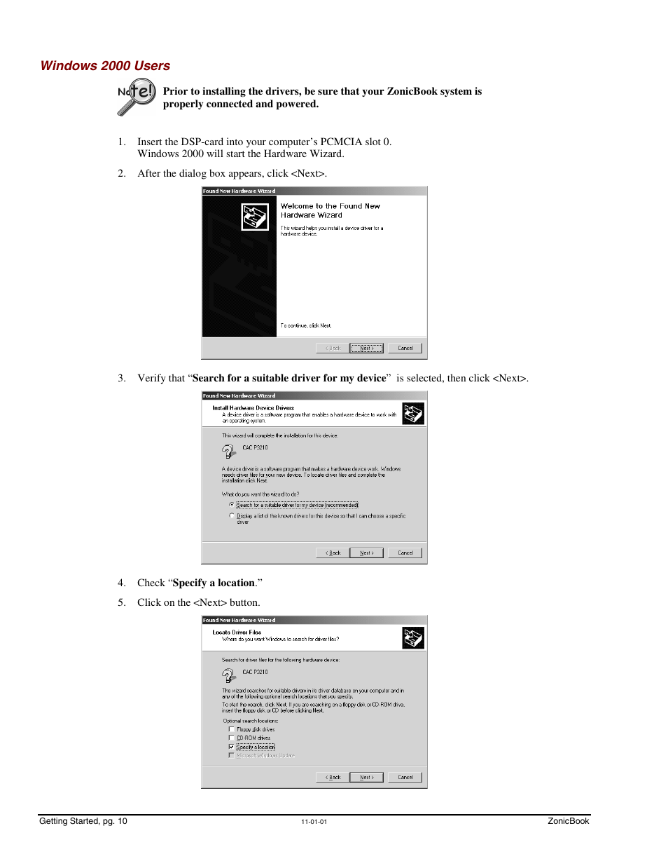 Windows 2000 users, Windows 2000 users …… 10, Windows 2000 (pg. 10) | Measurement Computing ZonicBook Rev.3.0 User Manual | Page 14 / 28