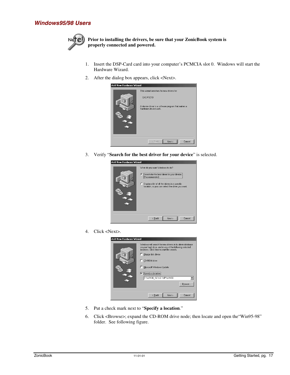 Windows 95/98 users, Windows95/98 users …… 17, Windows95/98 (pg. 17) | Windows95/98 users | Measurement Computing ZonicBook Rev.3.0 User Manual | Page 21 / 28