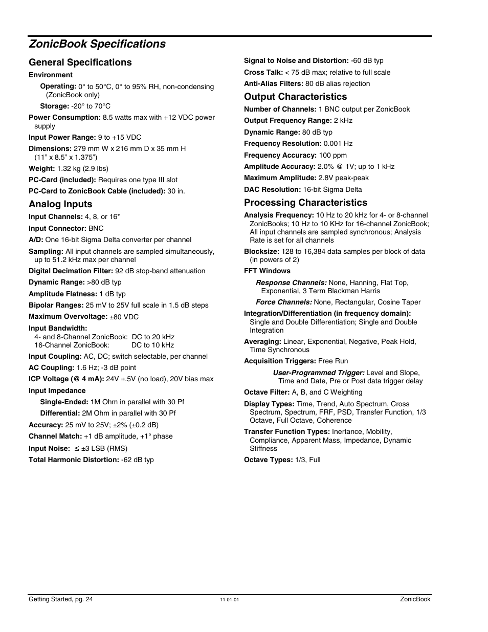 Zonicbook specifications, Specifications …… 24, General specifications | Analog inputs, Output characteristics, Processing characteristics | Measurement Computing ZonicBook Rev.3.0 User Manual | Page 28 / 28