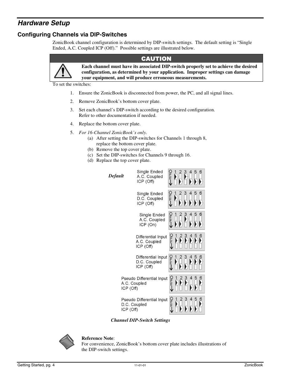Hardware setup, Configuring channels via dip-switches, Hardware setup …… 4 | Configuring channels via dip-switches …… 4 | Measurement Computing ZonicBook Rev.3.0 User Manual | Page 8 / 28