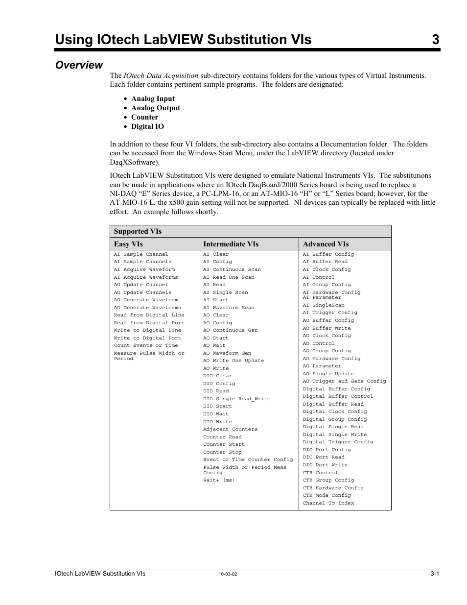 3 - using iotech labview substitution vis, Overview, 3 – using iotech labview substitution vis …… 3-1 | Using iotech labview substitution vis 3 | Measurement Computing LabVIEW Rev.3.0 User Manual | Page 11 / 18