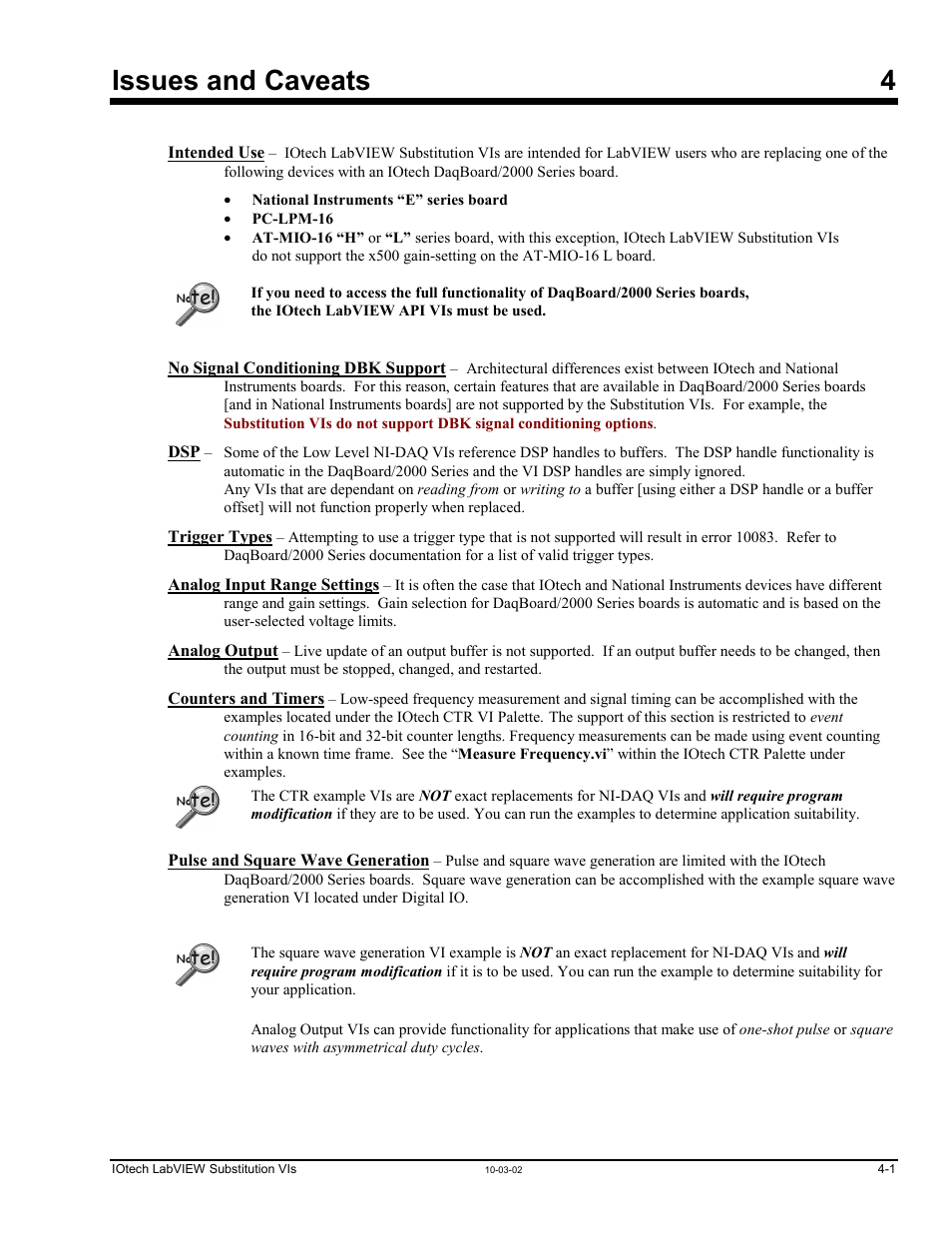 4 - issues and caveats, 4 – issues and caveats …… 4-1, Issues and caveats 4 | Measurement Computing LabVIEW Rev.3.0 User Manual | Page 15 / 18