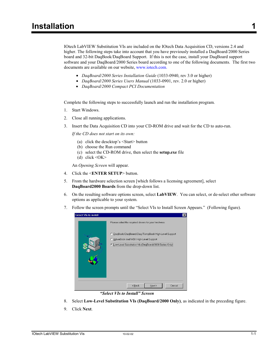 1 - installation, 1 – installation …… 1-1, Installation 1 | Measurement Computing LabVIEW Rev.3.0 User Manual | Page 5 / 18