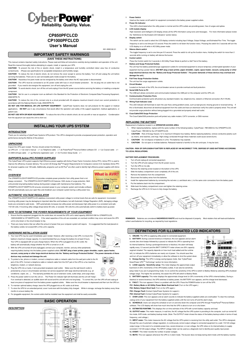 CyberPower Systems AVR CP100PFCLCD User Manual | 2 pages