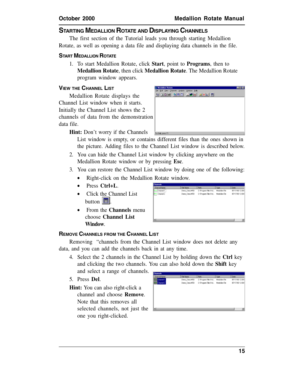 Starting medallion rotate and displaying channels, Start medallion rotate, View the channel list | Remove channels from the channel list, Tarting, Edallion, Otate, Isplaying, Hannels | Measurement Computing Medallion Rotate rev.2.3 User Manual | Page 15 / 52
