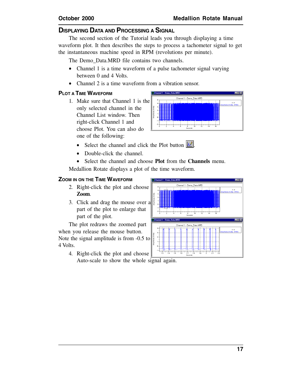 Displaying data and processing a signal, Plot a time waveform, Zoom in on the time waveform | Isplaying, Rocessing, Ignal | Measurement Computing Medallion Rotate rev.2.3 User Manual | Page 17 / 52