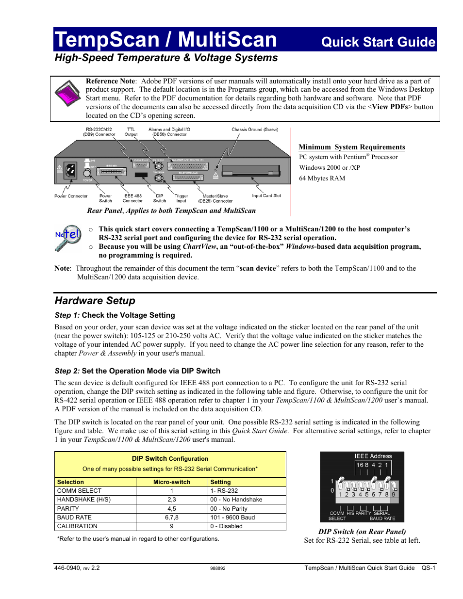 Hardware setup, Tempscan/multiscan quick start guide, P/n 446-0940) | Tempscan / multiscan, Quick start guide, High-speed temperature & voltage systems | Measurement Computing TempScan/1100 User Manual | Page 11 / 306