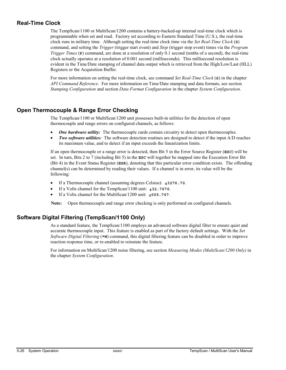 Real-time clock, Open thermocouple & range error checking, Software digital filtering (tempscan/1100 only) | Measurement Computing TempScan/1100 User Manual | Page 116 / 306