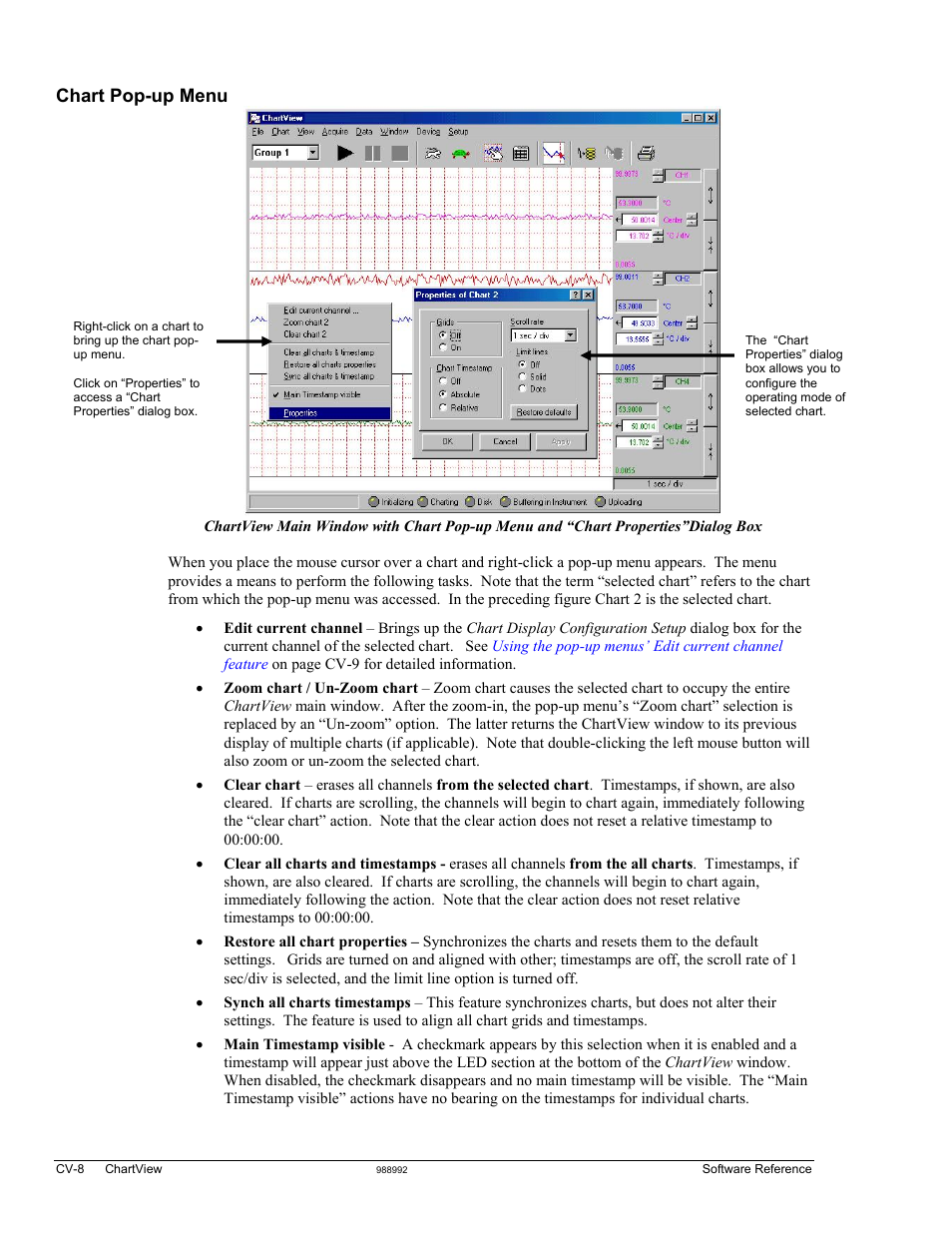 Chart, Display pop-up menu, Chart pop-up menu | Measurement Computing TempScan/1100 User Manual | Page 140 / 306
