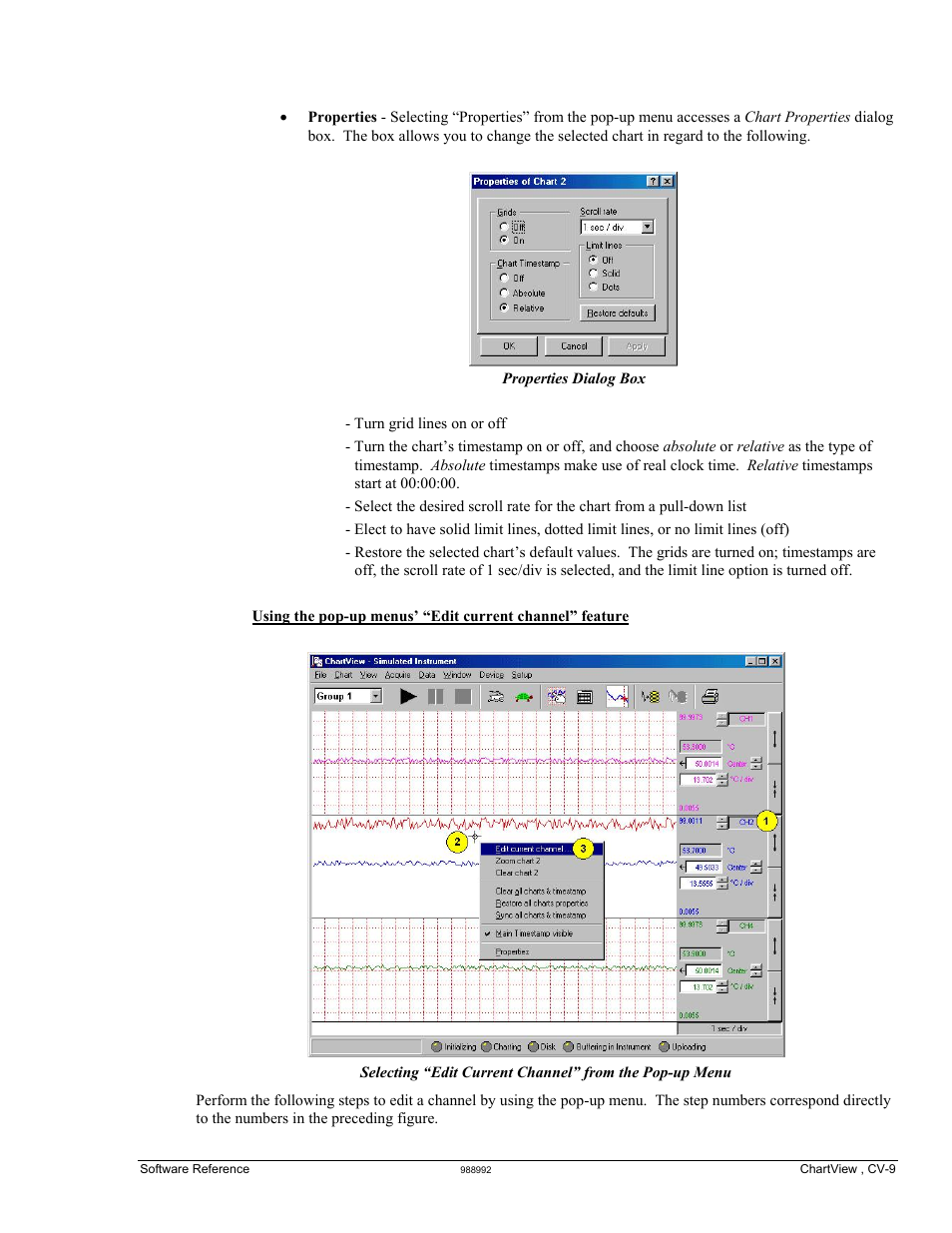 Current channel of the selected chart. see, Using the pop-up menus’ edit current channel, Feature | Measurement Computing TempScan/1100 User Manual | Page 141 / 306