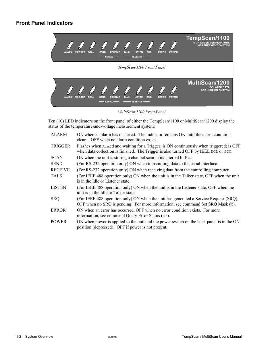 Front panel indicators | Measurement Computing TempScan/1100 User Manual | Page 16 / 306