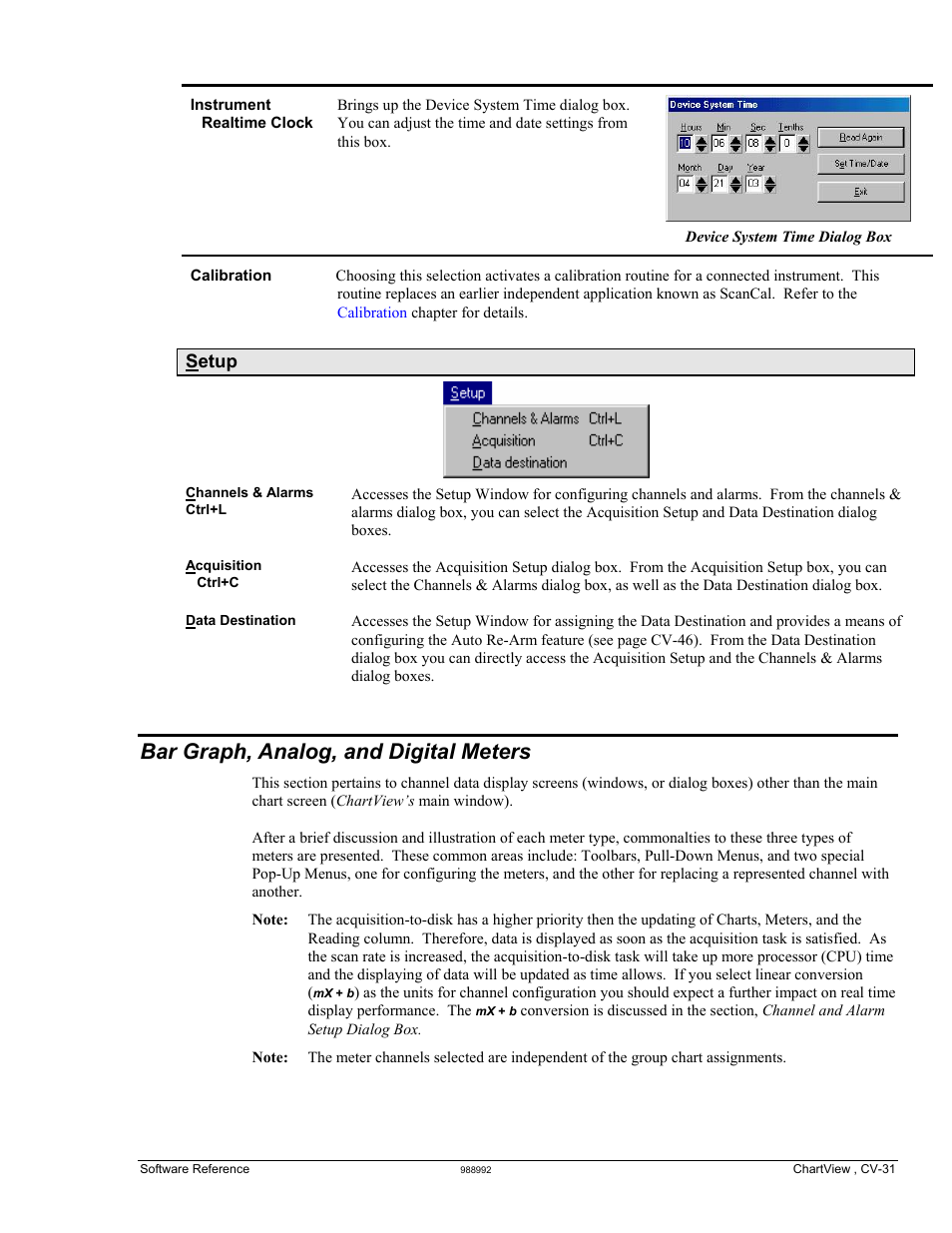 Bar graph, analog, and digital meters, Bar graph meters ……cv-32, Setup | Measurement Computing TempScan/1100 User Manual | Page 163 / 306