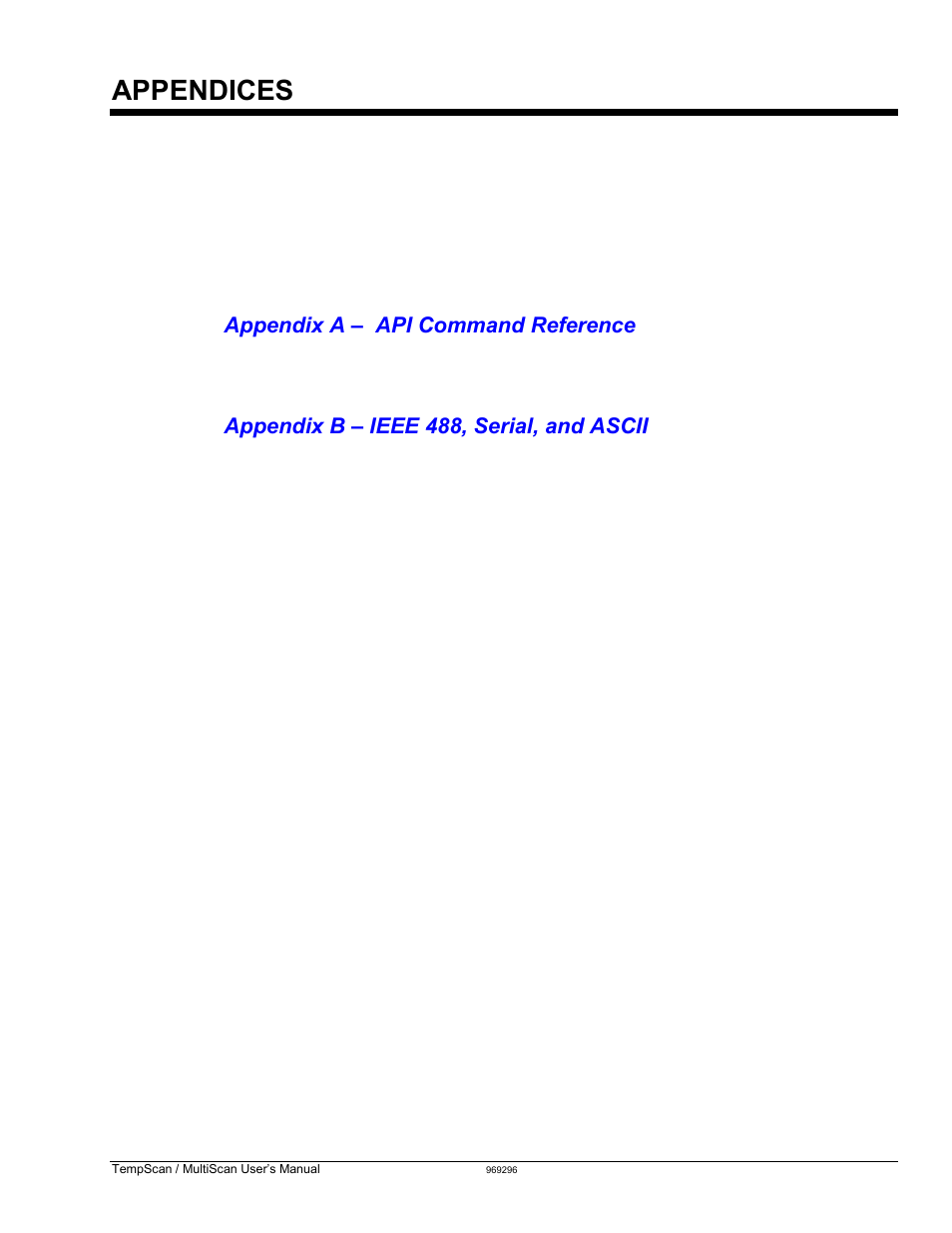 Appendices, Appendix a – api command reference | Measurement Computing TempScan/1100 User Manual | Page 195 / 306