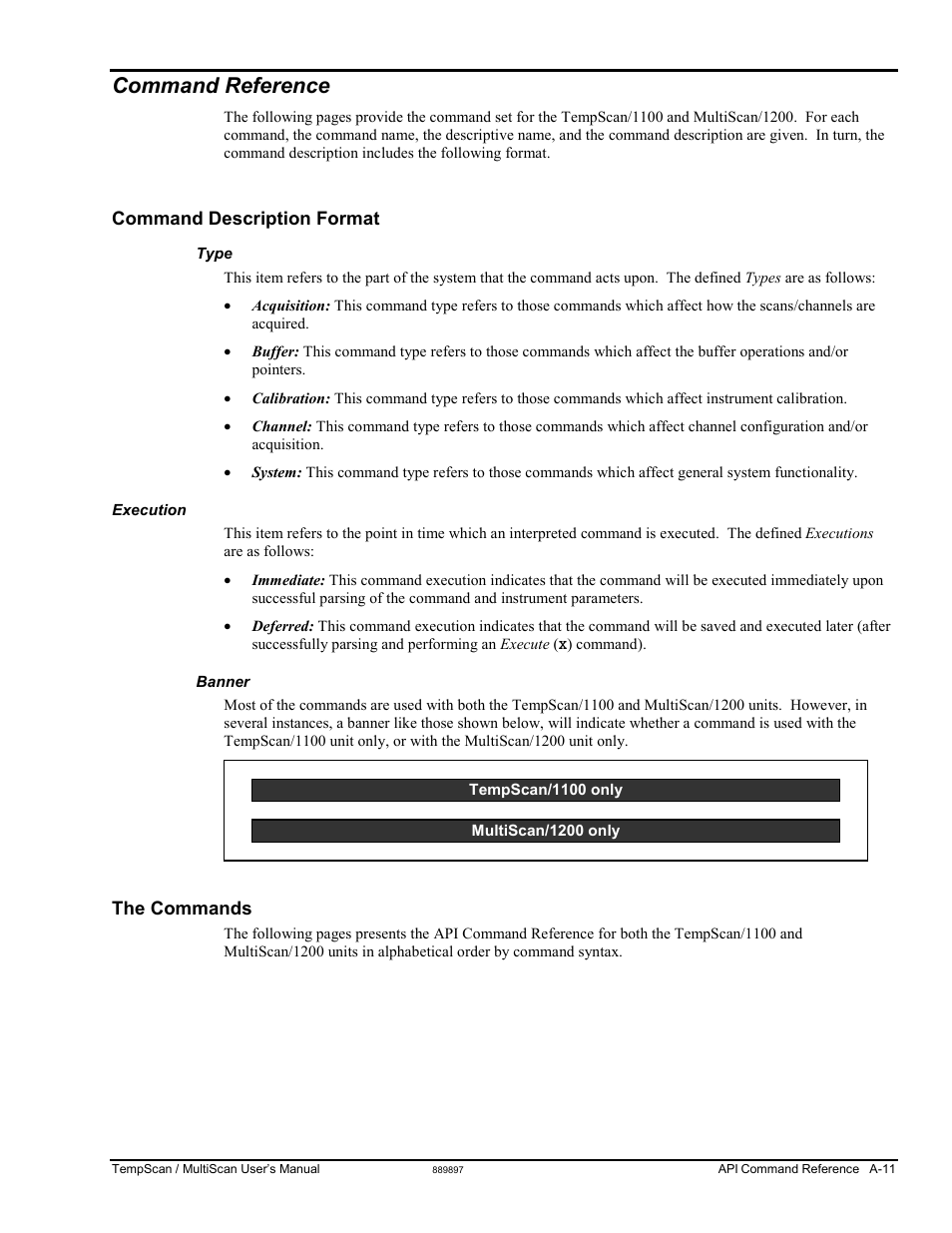 Command reference, Command description format, The commands | Measurement Computing TempScan/1100 User Manual | Page 207 / 306