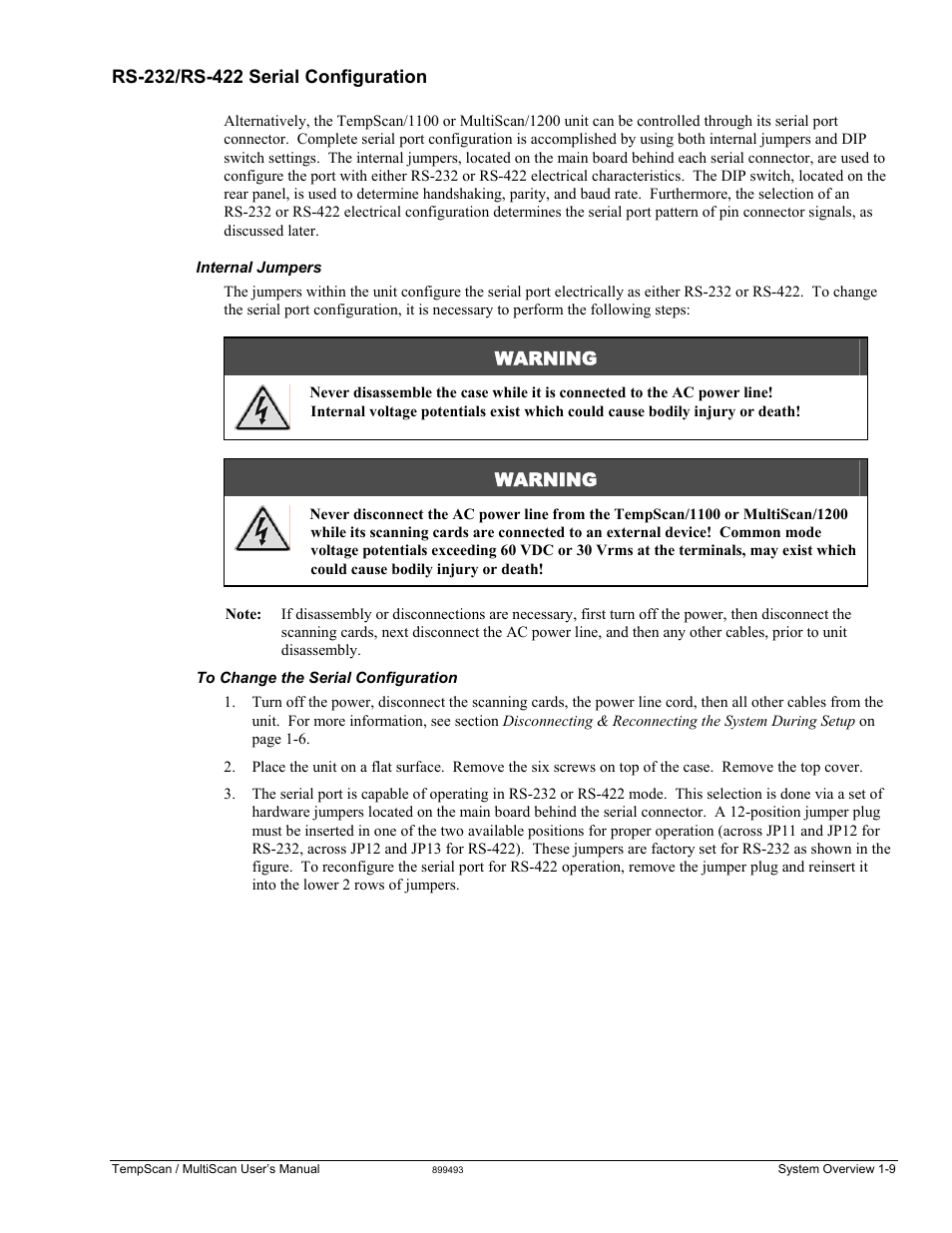 Rs-232/422 serial configuration, Warning | Measurement Computing TempScan/1100 User Manual | Page 23 / 306