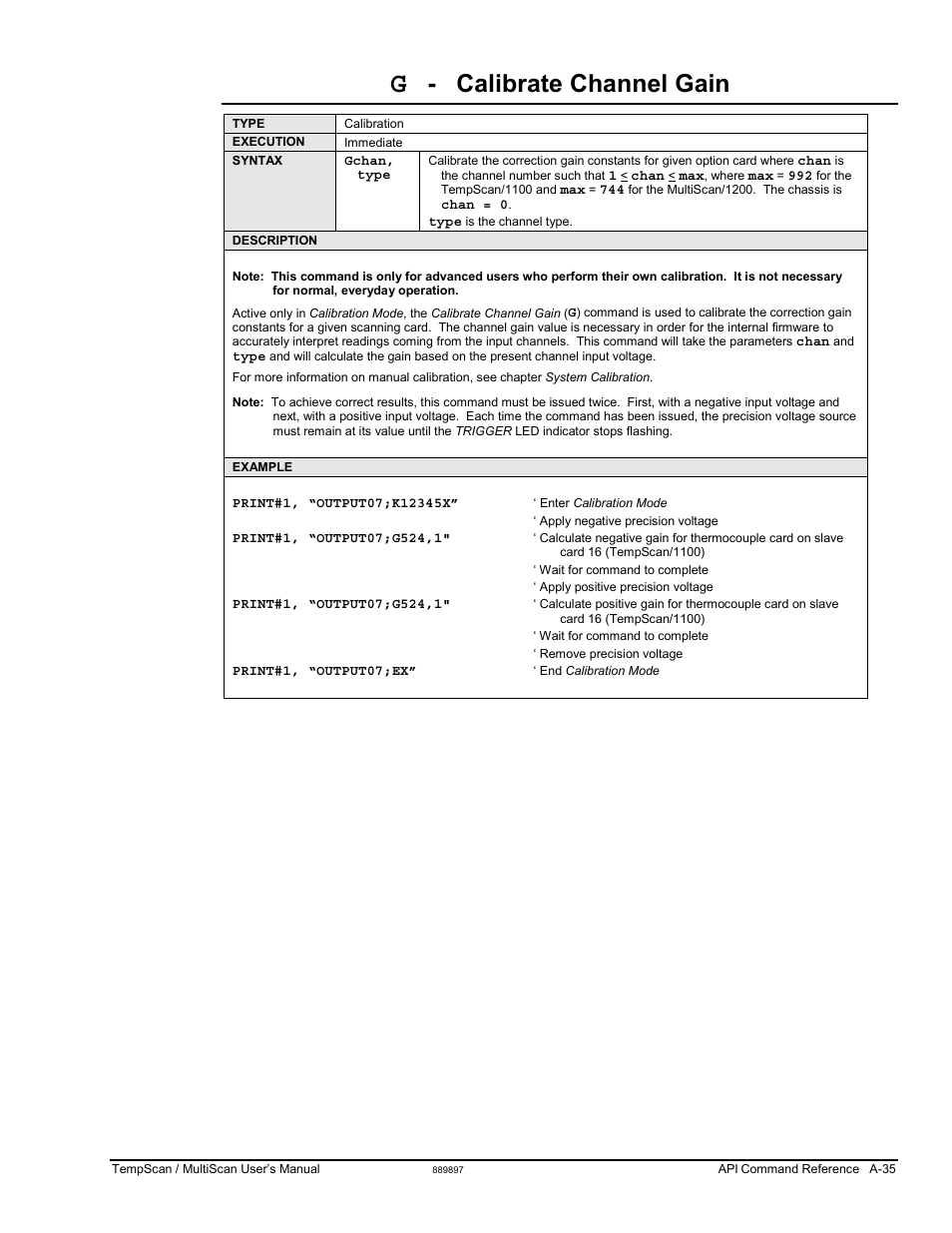 Calibrate channel gain | Measurement Computing TempScan/1100 User Manual | Page 231 / 306