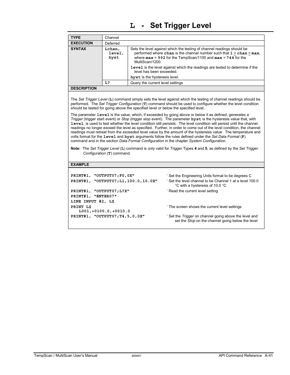 Set trigger level | Measurement Computing TempScan/1100 User Manual | Page 237 / 306