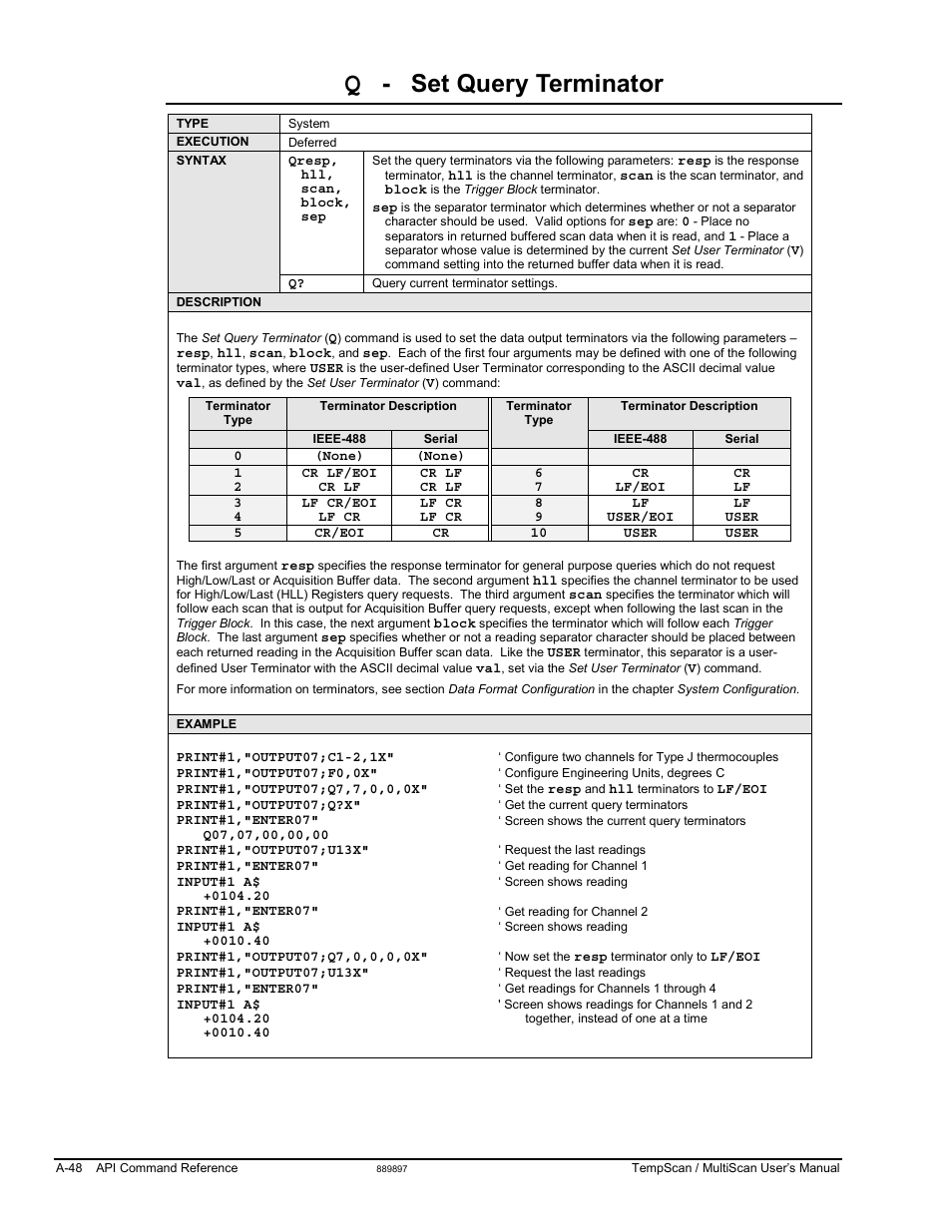 Set query terminator | Measurement Computing TempScan/1100 User Manual | Page 244 / 306